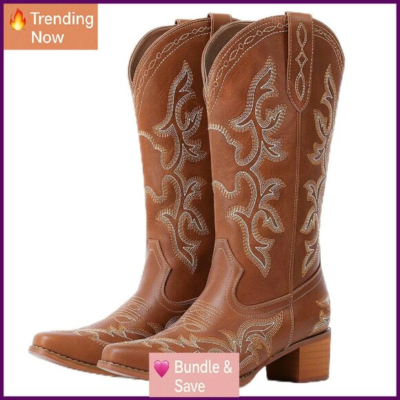 Women's Embroidered Western Cowboy Boots Pointy Toe 2 Inch Heel